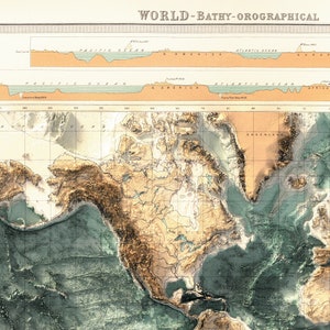 Pu&ograve; includere: Una mappa del mondo vintage con design batimetrico-orografico, che mostra la topografia terrestre e oceanica dettagliata. Il Nord America &egrave; evidenziato con sfumature di marrone e verde. Il testo "WORLD - BATHY-OROGRAPHICAL" &egrave; visibile in alto.