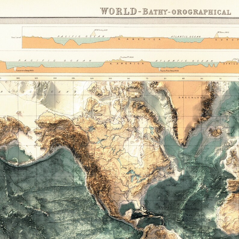 Pu&ograve; includere: Una mappa del mondo vintage con design batimetrico-orografico, che mostra la topografia terrestre e oceanica dettagliata. Il Nord America &egrave; evidenziato con sfumature di marrone e verde. Il testo "WORLD - BATHY-OROGRAPHICAL" &egrave; visibile in alto.