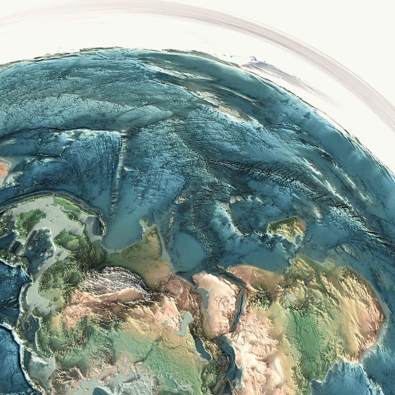 May include: A 3D rendered image of Earth, showcasing the continents and oceans. The image highlights the topography with varying shades of green, brown, and blue. The curvature of the planet is visible, with a bright white background.
