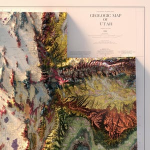 May include: A vintage geologic map of Utah, showing the state's diverse geological formations in various colors, including red, yellow, green, and blue. The map is titled "GEOLOGIC MAP OF UTAH" and includes the year "1950".