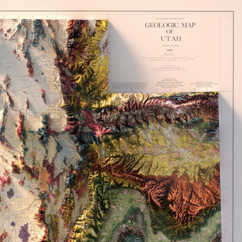 May include: A vintage geologic map of Utah, showing the state's diverse geological formations in various colors, including red, yellow, green, and blue. The map is titled "GEOLOGIC MAP OF UTAH" and includes the year "1950".