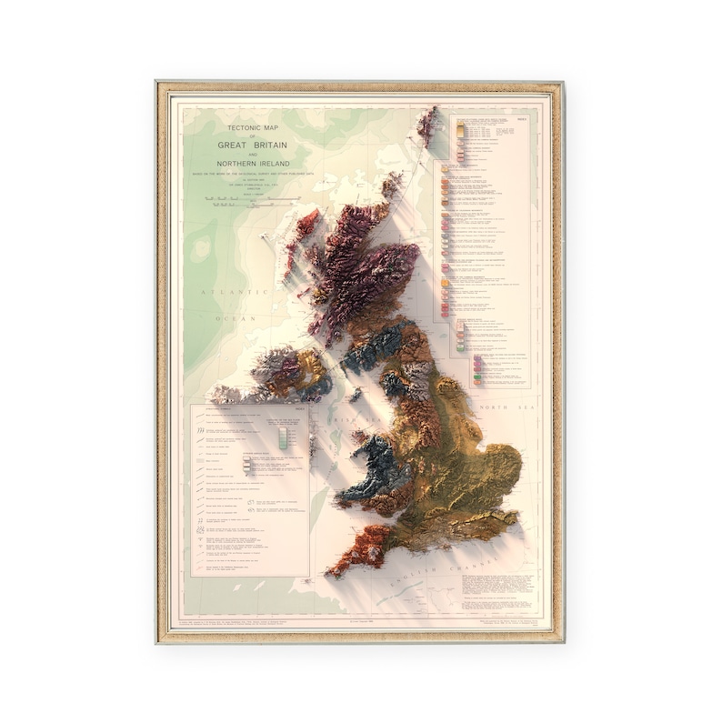 May include: A vintage-style tectonic map of Great Britain and Northern Ireland, showing the geological formations of the islands. The map is printed in a muted color palette with a 3D effect, highlighting the different rock types and formations.