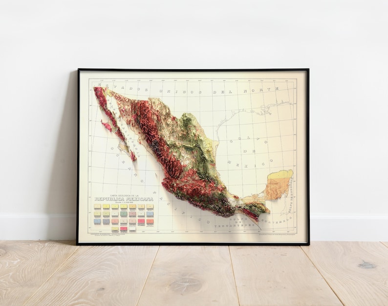 May include: A vintage map of Mexico with a 3D relief effect, showing the country's topography with different colors representing elevation. The map is framed in black and has the title "Carta Geografica de la Republica Mexicana" at the bottom.