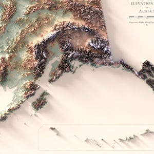 May include: A detailed topographic map of Alaska, showcasing the state's elevation. The map uses a color gradient to represent the varying heights of the terrain, with text that reads "Elevation of Alaska". A scale bar is included.