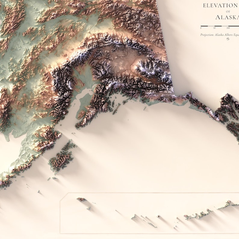 May include: A detailed topographic map of Alaska, showcasing the state's elevation. The map uses a color gradient to represent the varying heights of the terrain, with text that reads "Elevation of Alaska". A scale bar is included.