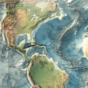 May include: A topographic map showing the North and South American continents alongside the Atlantic Ocean floor. The landmasses are rendered in shades of green and brown, while the ocean depths are depicted in varying tones of blue and grey.
