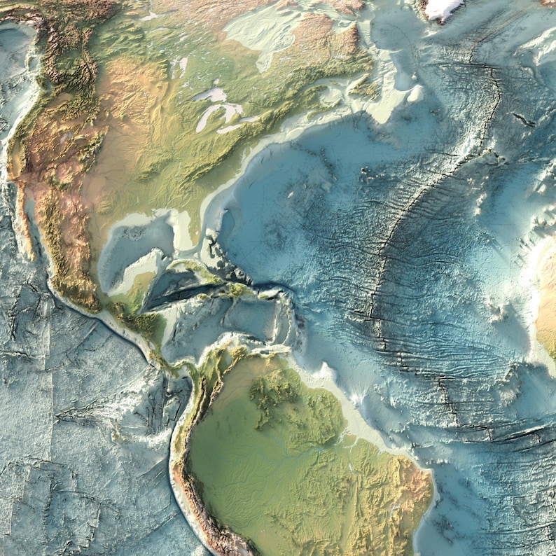 May include: A topographic map showing the North and South American continents alongside the Atlantic Ocean floor. The landmasses are rendered in shades of green and brown, while the ocean depths are depicted in varying tones of blue and grey.
