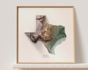 May include: A framed topographic map of Texas with a beige background and a brown wood frame. The map is in shades of brown, green, and blue, showing the state's terrain.