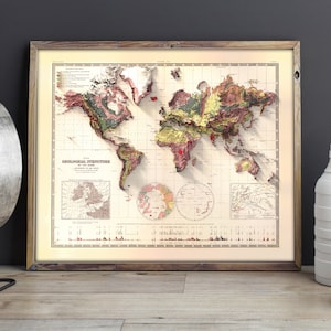 May include: A vintage-style world map with a 3D effect, showing the geological structure of the Earth. The map is framed in a brown wooden frame and has a cream-colored background with red, green, and brown details.