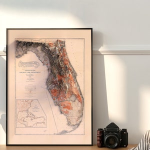 May include: An antique map of Florida, printed in black and white with red and orange accents. The map shows the state's topography and is titled "The State of Florida, Associated Railway Land Department, Florida, 1905."
