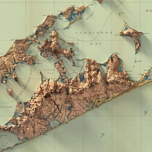May include: A vintage map of Long Island, New York, with a 3D effect. The map shows the coastline, bays, and inlets of the island. The map is printed on a light green background with brown and blue lines.