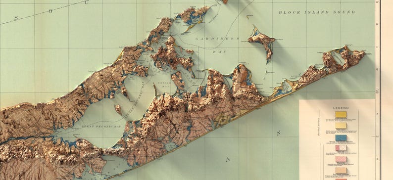 May include: A vintage map of Long Island, New York, with a 3D effect. The map shows the coastline, bays, and inlets of the island. The map is printed on a light green background with brown and blue lines.