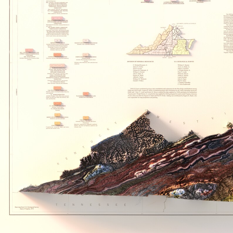 May include: A detailed geological map of Virginia, showing the state's diverse rock formations and mineral resources. The map is divided into different regions, each with its own unique geological characteristics. The map is a valuable resource for geologists, researchers, and anyone interested in the natural history of Virginia.