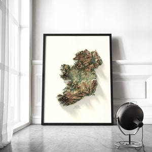 Pu&ograve; includere: Una stampa incorniciata in nero di una mappa topografica dell'Irlanda. La mappa &egrave; in tonalit&agrave; di verde e marrone, con uno sfondo bianco. La parola "Irlanda" &egrave; stampata nell'angolo in basso a destra della mappa.