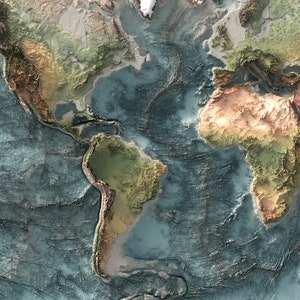May include: A detailed map of the Earth showing the continents and oceans. The map is colored to show the different elevations of the land and the depths of the ocean. The map is centered on the Atlantic Ocean, with North and South America on the left and Africa and Europe on the right.