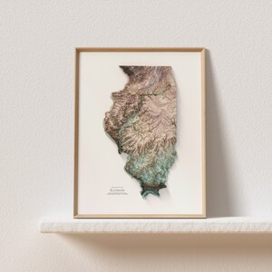 Illinois 01 - Mappa in rilievo ombreggiato - Decorazione da parete - Topografia - Stampa artistica - Regalo unico