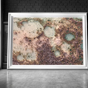 May include: Abstract art print with a textured, mottled surface in shades of brown, pink, and green. The print features a variety of circular shapes and patterns, resembling a celestial landscape.
