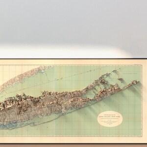 View of the 1913 Long Island topography, highlighting realistic shading, vibrant colors, and crisp topography for a stunning wall decor gift.