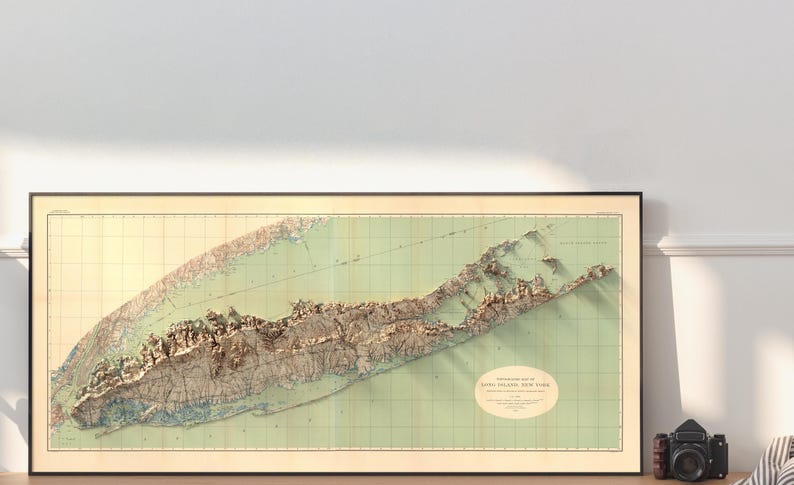 View of the 1913 Long Island topography, highlighting realistic shading, vibrant colors, and crisp topography for a stunning wall decor gift.