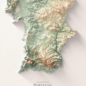 May include: A 3D elevation map of Portugal, showcasing the country's topography. The map uses a color gradient of greens, browns, and tans to represent the varying altitudes. The text "Elevation Map of Portugal" is at the bottom.