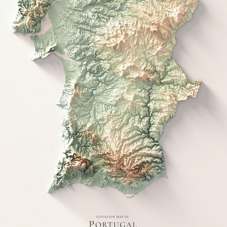 May include: A 3D elevation map of Portugal, showcasing the country's topography. The map uses a color gradient of greens, browns, and tans to represent the varying altitudes. The text "Elevation Map of Portugal" is at the bottom.