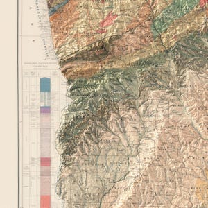 May include: A vintage geological map of West Virginia, showing the different rock formations and geological features of the state. The map is in shades of brown, green, and blue, with a key to the different rock formations along the left side. The map is titled "Generalized Outward Section Paleozoic Rocks".