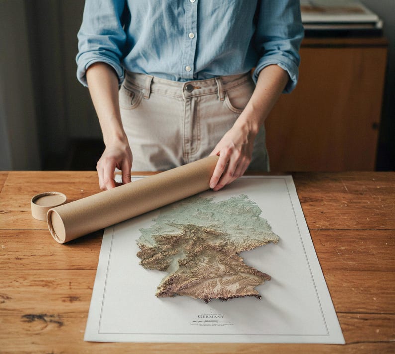 May include: A person holding a rolled-up brown paper tube next to a detailed map of Germany. The map is a 3D relief with shades of green, brown, and beige. The map is on a white background with the word "GERMANY" printed at the bottom.