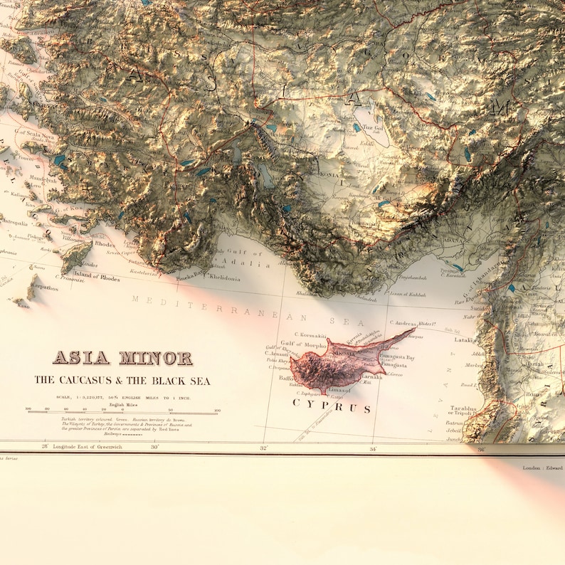May include: A vintage map of Asia Minor, the Caucasus, and the Black Sea. The map is in shades of brown and beige with blue water features. The map includes the text "Asia Minor", "The Caucasus & The Black Sea", and "Cyprus".