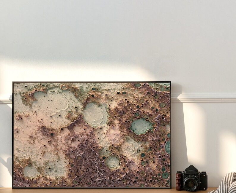 May include: A framed abstract art print with a textured, mottled surface in shades of brown, beige, and green. The print resembles a close-up of the moon's surface.
