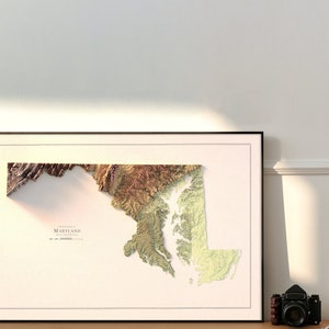 May include: A framed topographic map of Maryland with a raised, textured surface. The map is printed in shades of green, brown, and beige, and is surrounded by a white mount and a black frame.