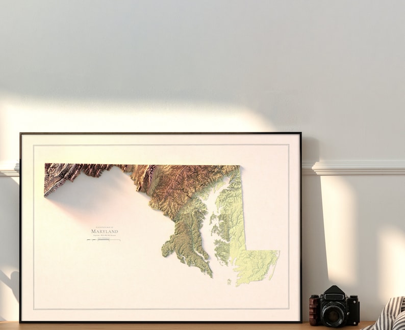 May include: A framed topographic map of Maryland with a raised, textured surface. The map is printed in shades of green, brown, and beige, and is surrounded by a white mount and a black frame.