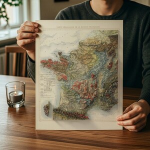 May include: A vintage geological map of France, featuring detailed relief and color-coded regions. The map displays various terrains with shades of green, brown, and red. The title "CARTE GEOLOGIQUE DE LA R&Eacute;GION FRAN&Ccedil;AISE" is visible at the top. The map is held by a person.