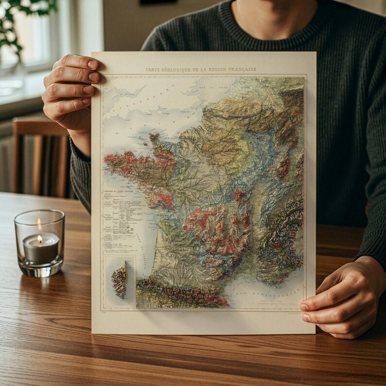 May include: A vintage geological map of France, featuring detailed relief and color-coded regions. The map displays various terrains with shades of green, brown, and red. The title "CARTE GEOLOGIQUE DE LA R&Eacute;GION FRAN&Ccedil;AISE" is visible at the top. The map is held by a person.