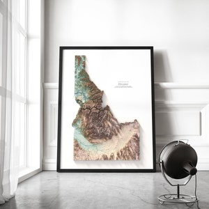 May include: A framed topographic map of the state of Idaho, with a black frame and a white background. The map is in shades of brown, green, and blue, showing the state's terrain.