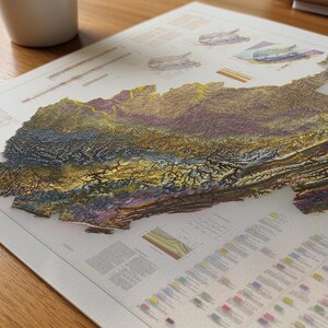Puede incluir: Un mapa topogr&aacute;fico tridimensional detallado de una zona terrestre, con un aspecto en capas y texturizado, con una variedad de colores, incluyendo oro, marr&oacute;n y azul. El mapa est&aacute; impreso en una superficie blanca con diagramas y texto.