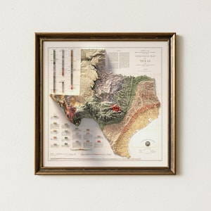 1916 Texas Geological Map Print, Shaded Relief Wall Art, Antique Style Decor image 1