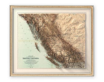 British Columbia Map (1893): Topographic Wall Art, Vintage Elevation Map Print