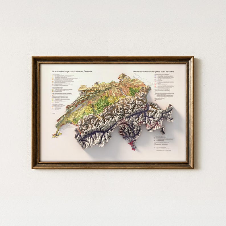 Switzerland Map: Vintage Relief Map Print 1975, Rural and Agricultural Poster image 3