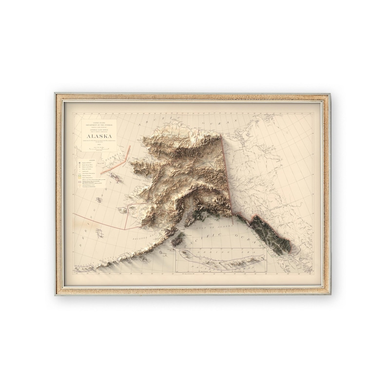alaska framed topographic map art print, historical alaska poster, unique map gift,
