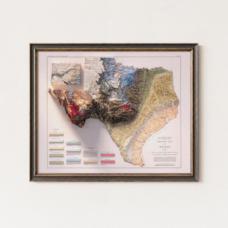 Vintage Texas Geological Map 1933: Relief & Elevation Wall Art, Map Poster Print image 2