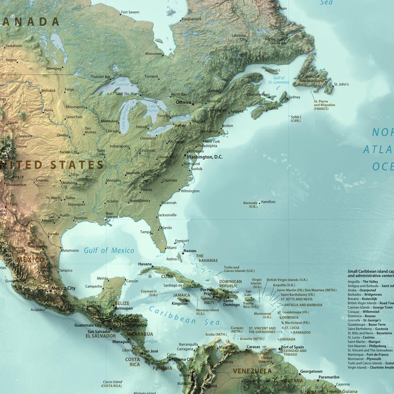 May include: A detailed physical map of North America and the Caribbean, featuring shaded relief topography in shades of green, tan, and brown. The map displays national borders, major cities, and bodies of water including the Gulf of Mexico.