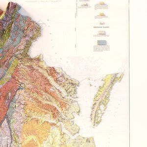 May include: A geological map of the Eastern United States, showing the different rock formations and geological features of the region. The map is color-coded to indicate the different types of rocks and formations. The map also includes a key that explains the different colors and symbols used on the map.
