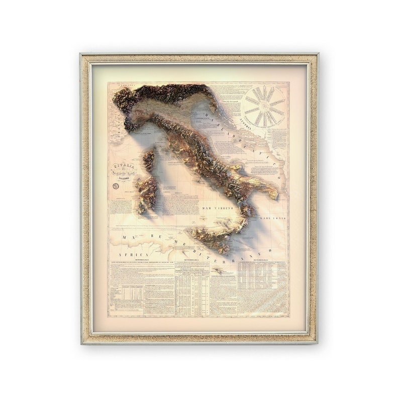 May include: A vintage-style, 3D relief map of Italy with a beige background and a detailed, textured surface. The map is framed in a light gold frame.