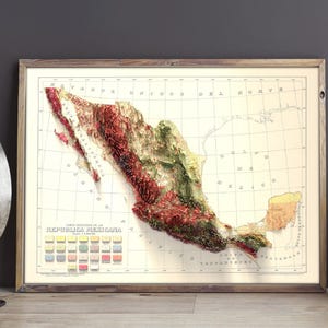 May include: A vintage, detailed relief map of Mexico, printed on paper and framed in wood. The map shows the topography of the country with different colors representing different elevations. The title "REPUBLICA MEXICANA" is printed at the bottom of the map.
