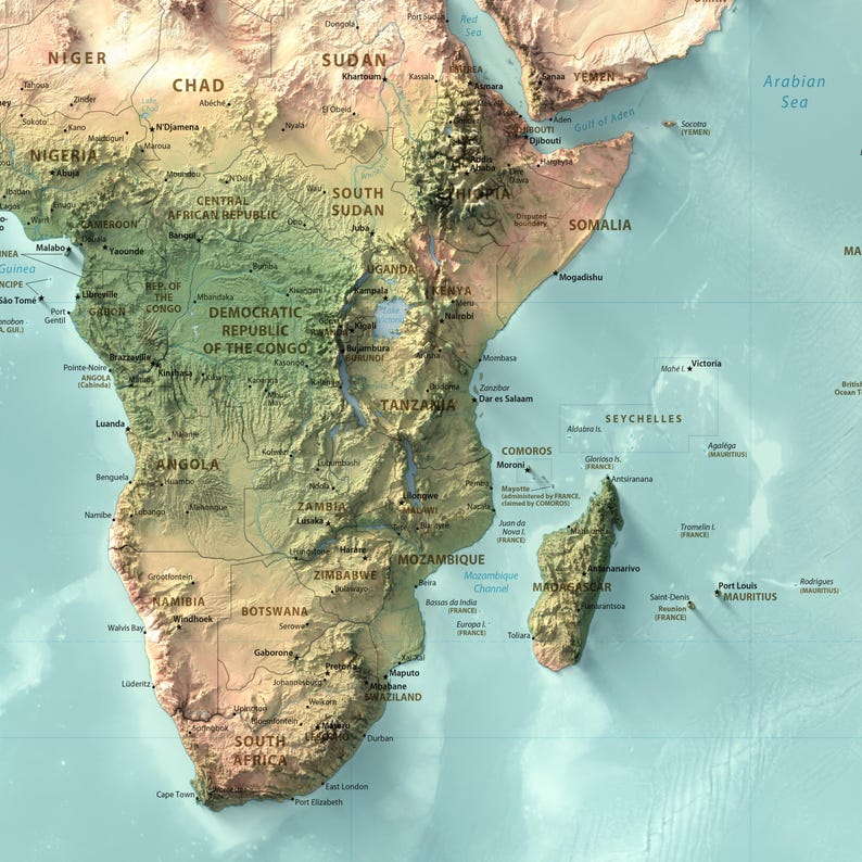 May include: A physical map of the African continent featuring detailed topography with shaded relief. The map displays countries such as South Africa, Tanzania, and Ethiopia, along with major cities, bodies of water, and islands like Madagascar.