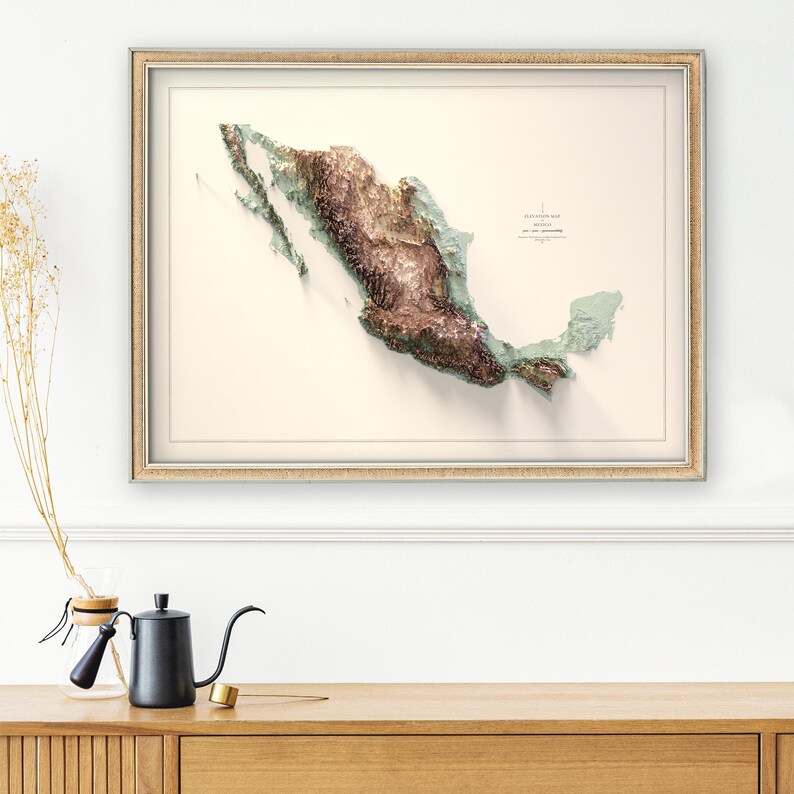 May include: Framed 3D map of Mexico, showcasing the country's topography in shades of brown and green. The map is set against a cream-colored background within a gold-toned frame. The image includes text in the upper right corner.