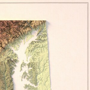 May include: A topographic map of the Chesapeake Bay region, showing the coastline, rivers, and surrounding land. The map is in shades of brown, green, and yellow, with a white background.