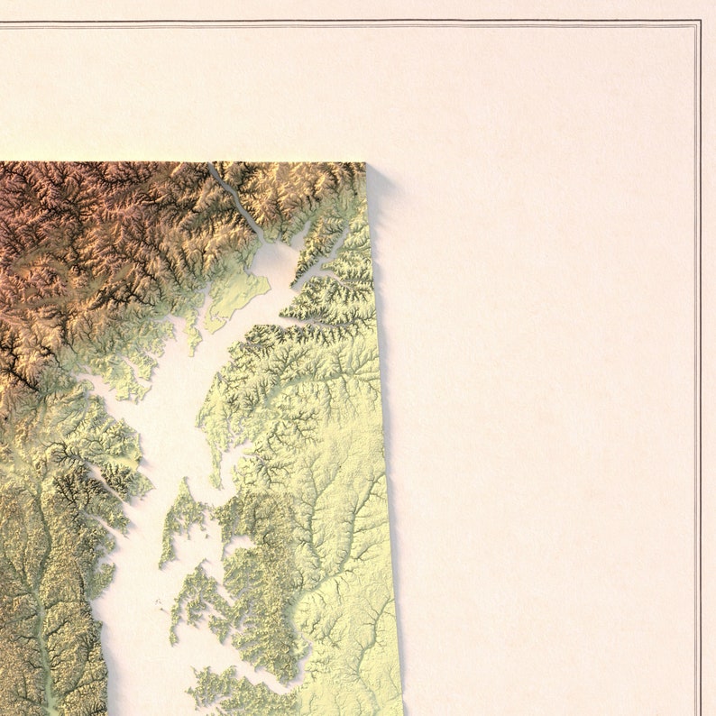 May include: A topographic map of the Chesapeake Bay region, showing the coastline, rivers, and surrounding land. The map is in shades of brown, green, and yellow, with a white background.