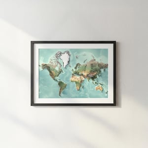 Weltkarte Wandkunst, Relief-Stil Weltkarte (flacher Ozean) Druck, großes topographisches Weltkarten Poster, Erdhöhen Karte, Büro Wandkunst Bild 4