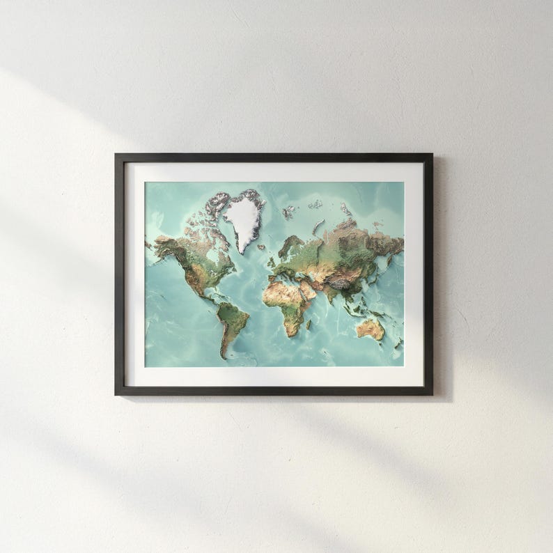 Weltkarte Wandkunst, Relief-Stil Weltkarte (flacher Ozean) Druck, großes topographisches Weltkarten Poster, Erdhöhen Karte, Büro Wandkunst Bild 4